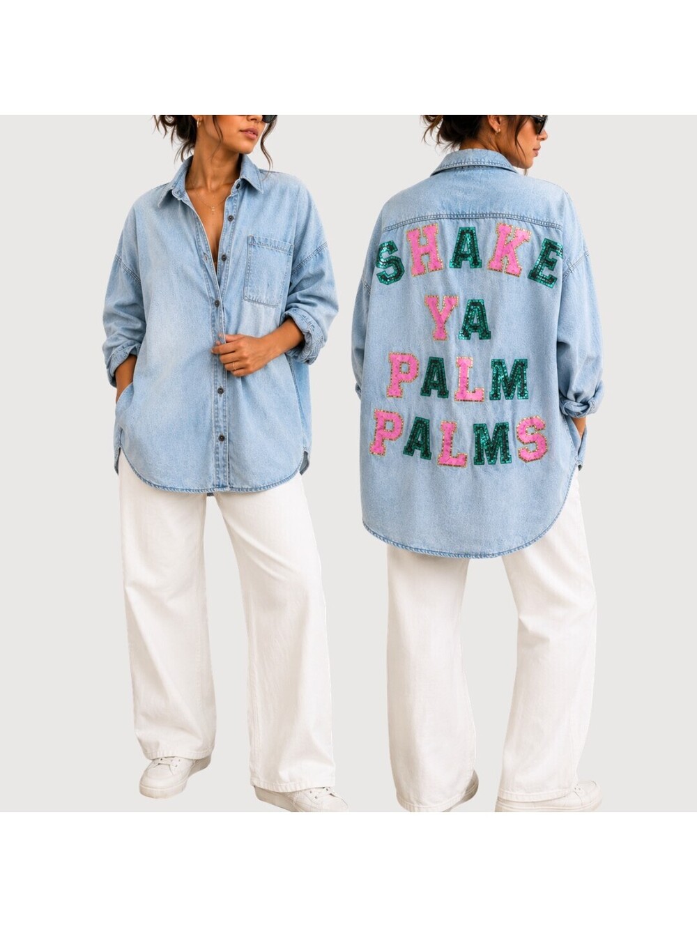Judith March Shake Ya Palm Palms Sequin Denim Shacket M